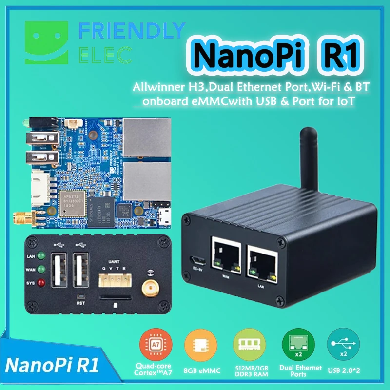 

NanoPi R1 Allwinner H3 1GB RAM 8GB eMMC FriendlyELEC Gbps Ethernet Wifi Bluetooth OpenWRT cortex-A7 5V2A EU/US Power Optional