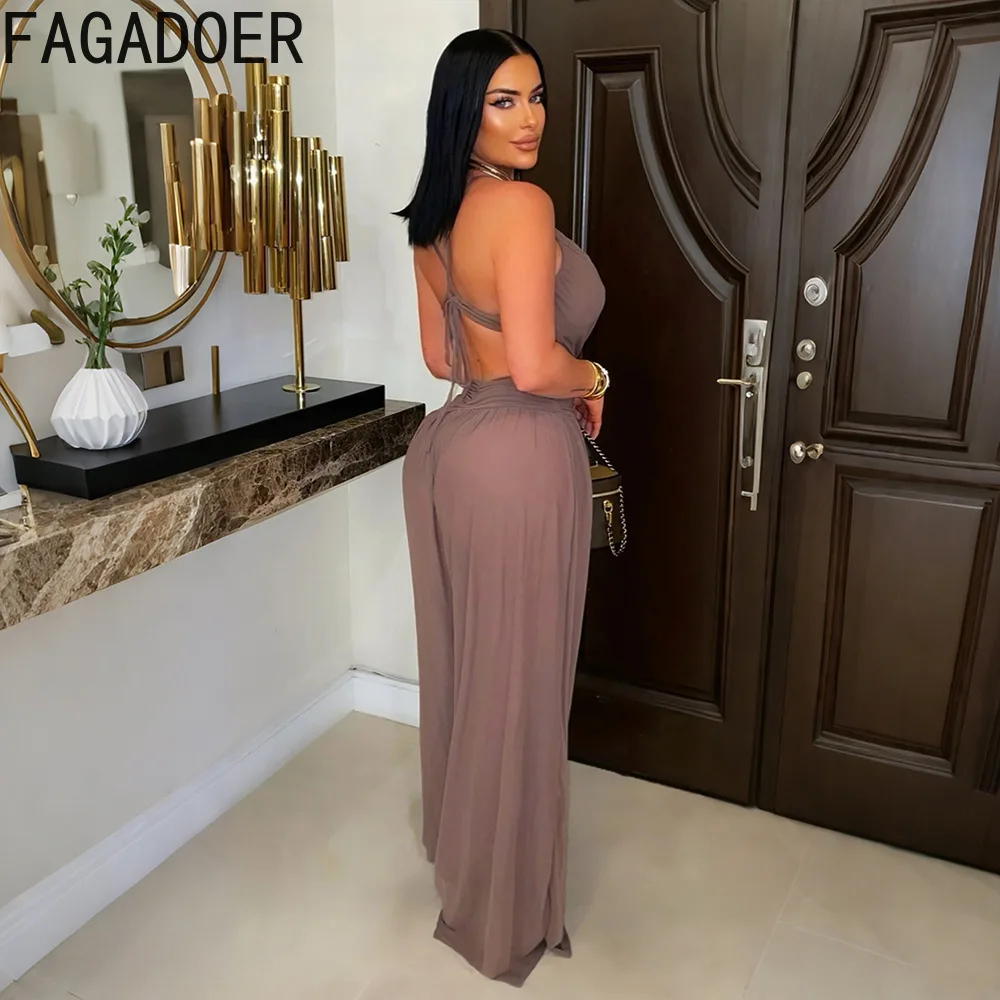 FAGADOER Summer New Sexy Hollow Out Bodycon Jumpsuits Women Spaghetti Strap Deep V Backless Rompers Female Streetwear Overalls