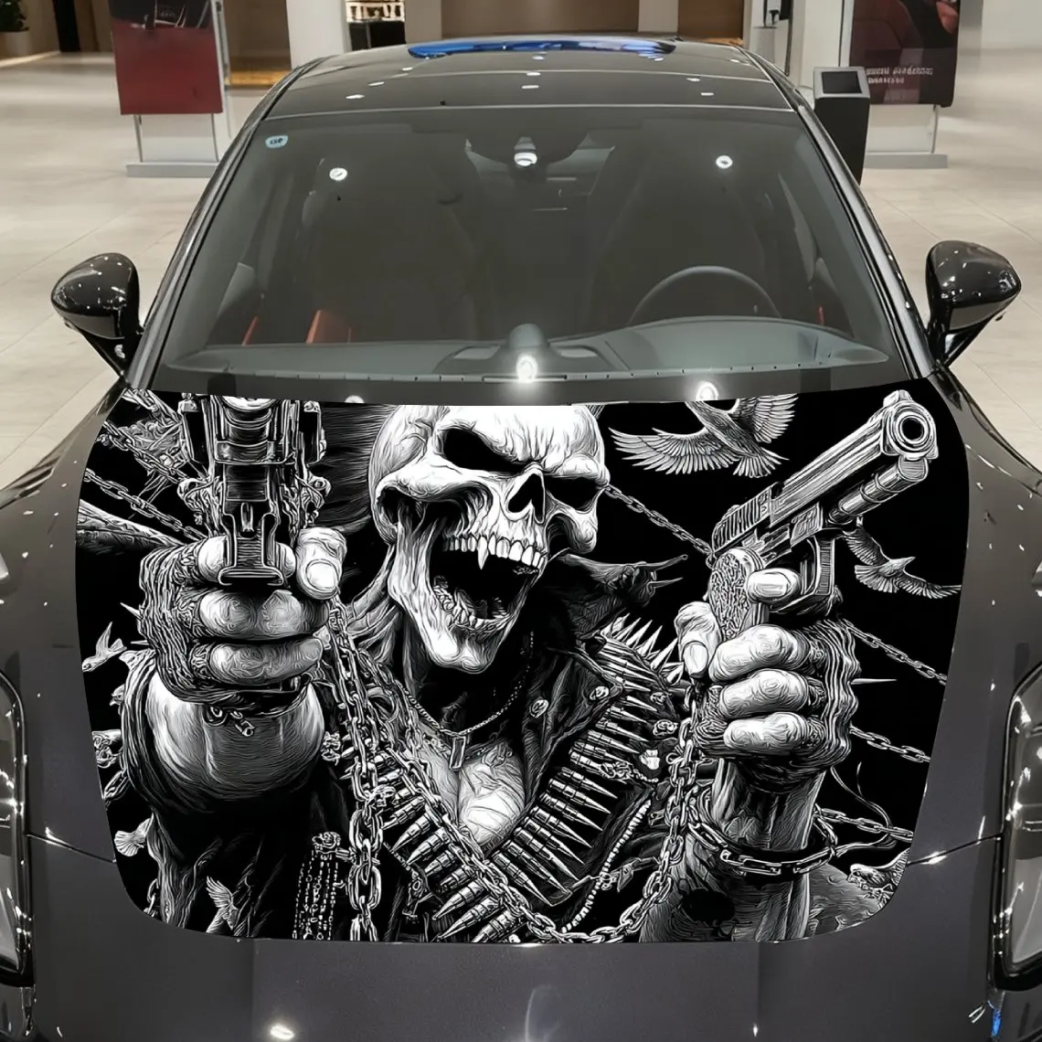 Gun Wielding Skeleton Vinyl Film, PVC Waterproof Engine Hood Sticker, Self-adhesive Scratch Resistant Sticker, Suitable For Truc