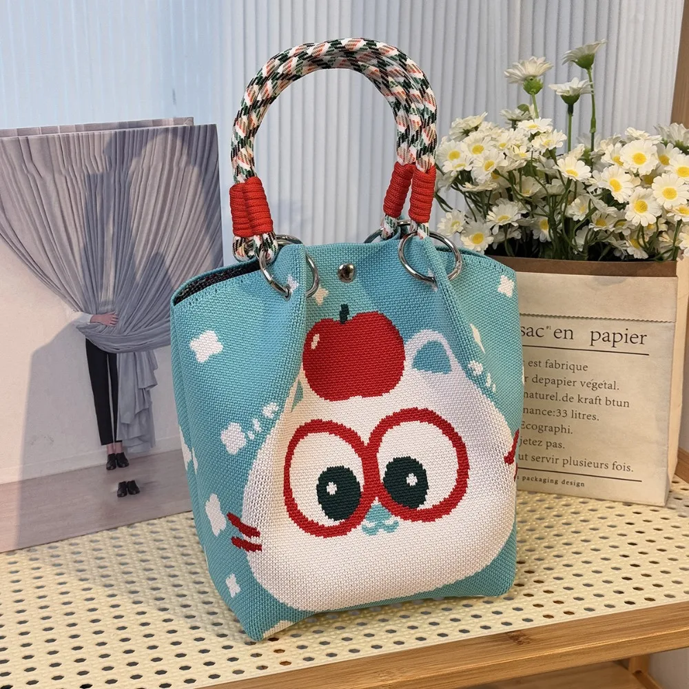 

Simple Cat Knitted Tote Bag Bear Weave Cartoon Knitted Handbag Printed Purse Wool Bucket Bag Girl