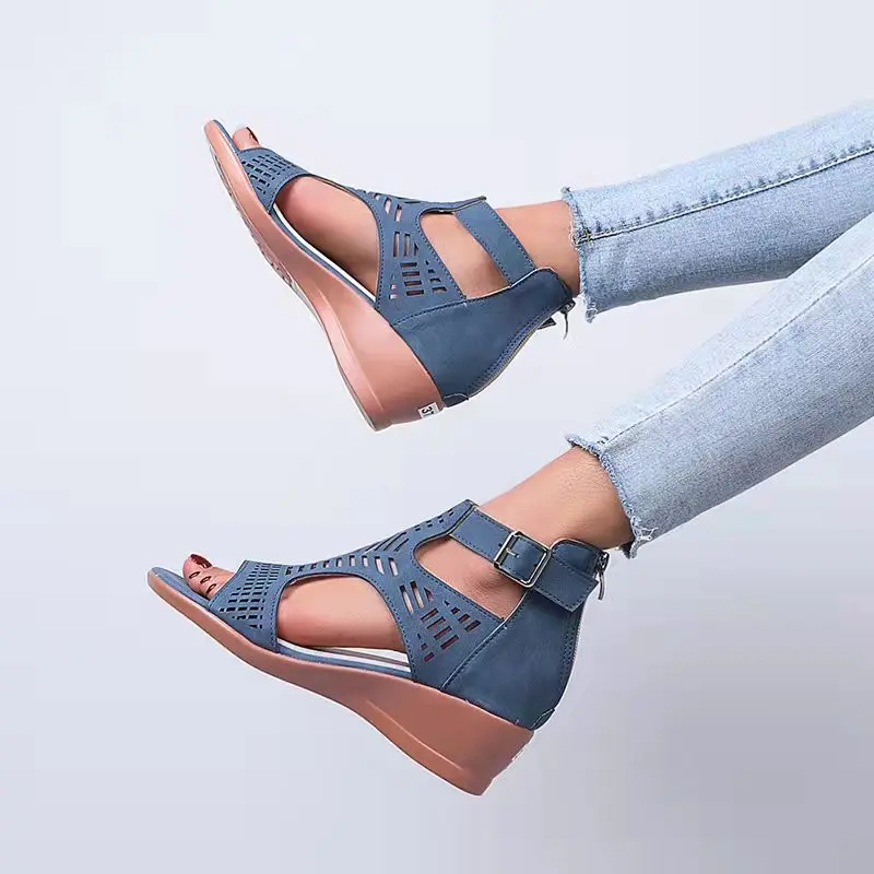 

Large Size 35-43 Women's Sandals 2022 Summer New Europe Fashion Elegant Wedge Heel Zip Buckle Fish Mouth Hollow Out Women Shoes