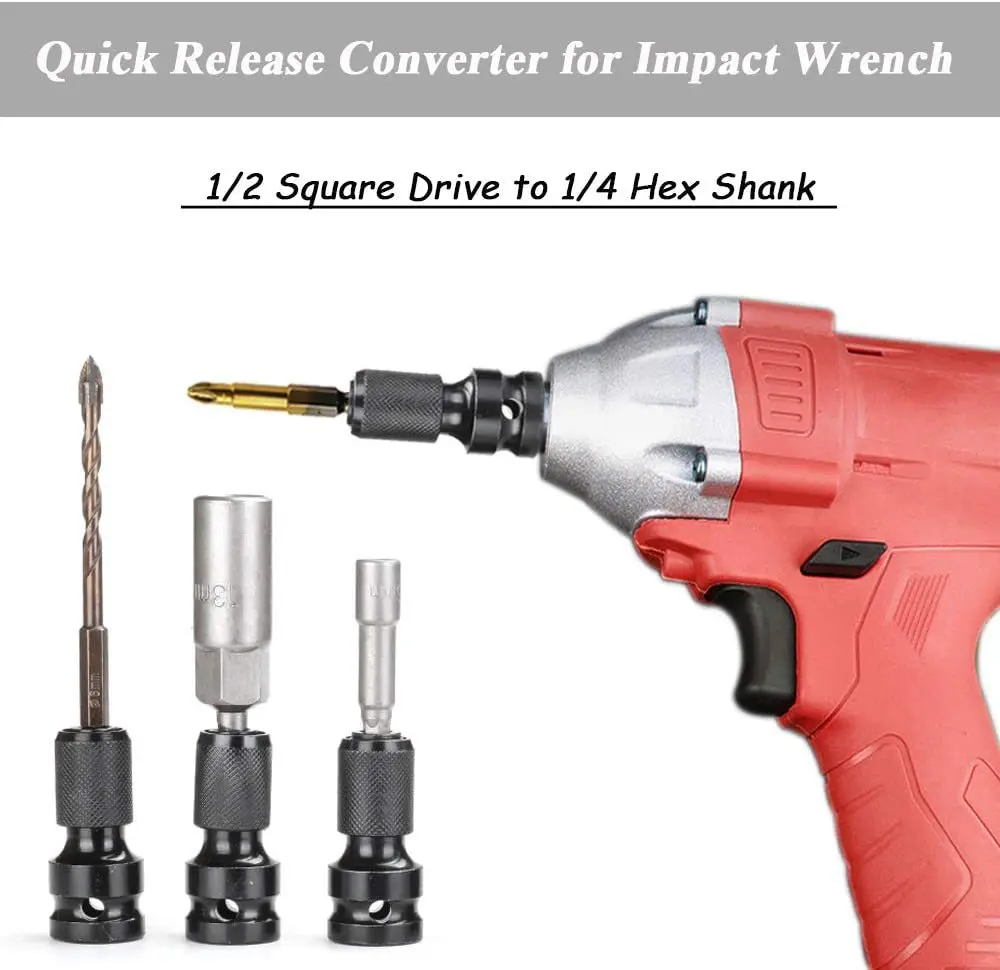 Quick Release 1/2 inch Square To 1/4 inch Hex Ratchet Socket Wrench Socket Adapter Spanner Set Drive Converter Impact Tool