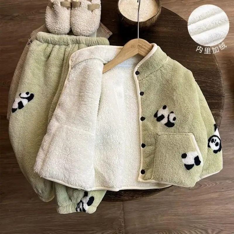 

2025 Girls' Autumn Winter Loungewear Cartoon Coral Fleece Pajama Setround Neck Comfortable Homewear Kids Clothes New Fashion