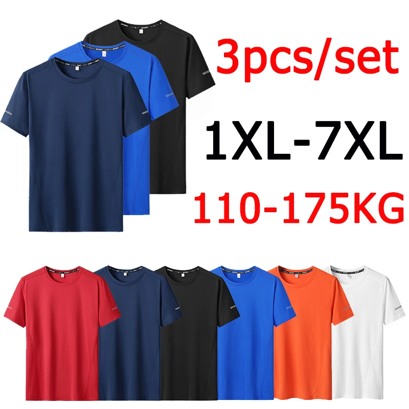 Summer T-shirt Shorts Sets Men Plus Size Outfts 7XL 100-175kg Oversized Tracksuit 3pc Sets Round Neck Short Sleeve Sport T-shirt