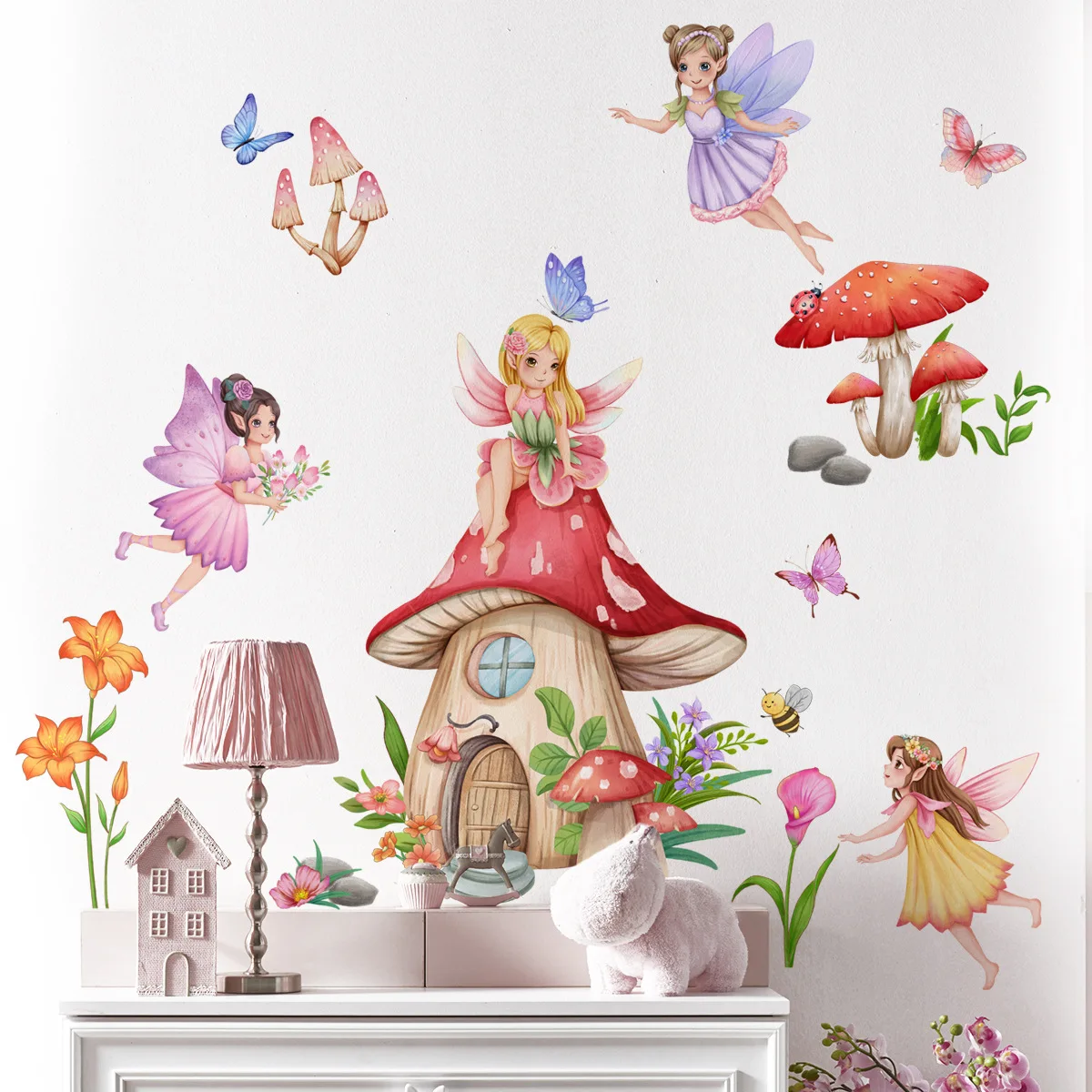 Cartoon mushroom House Fairy wall stickers Children's room bedroom decorative wall stickers Self-adhesive wall stickers