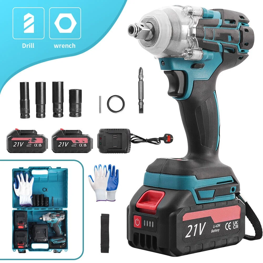 21V 1000Nm Cordless Electric Impact Wrench Drill Gun Ratchet Driver with 2 Battery