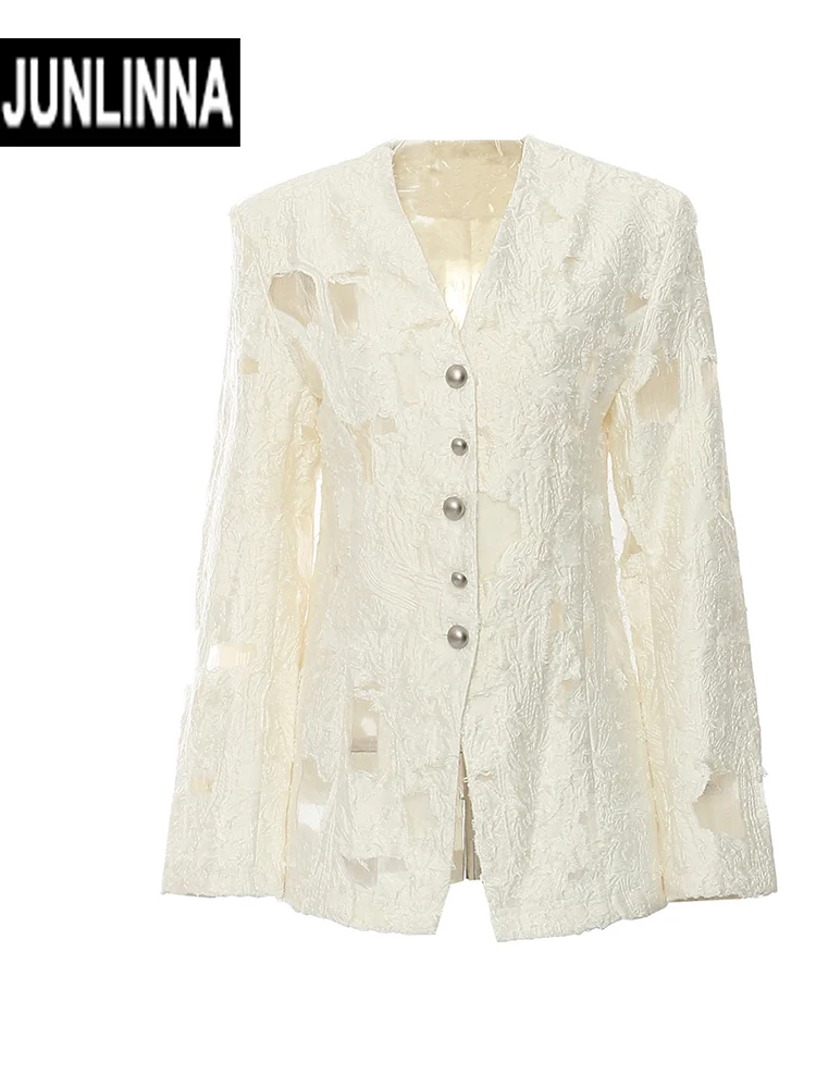 

JUNLINNA Fashion Elegant Women Suit V Neck Long Sleeve Single Breasted Jacquard Coat Spring Autumn Party Holiday Outwear