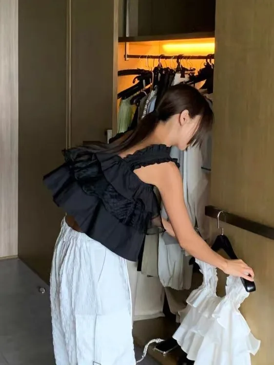 سترة قصيرة مكشكشة أنيقة للنساء باللون الأبيض بتصميم حلو إحساس صيفي يقاوم علامات تقدم السن نمط جديد للتنقل الرياح لون نقي مواد... #4