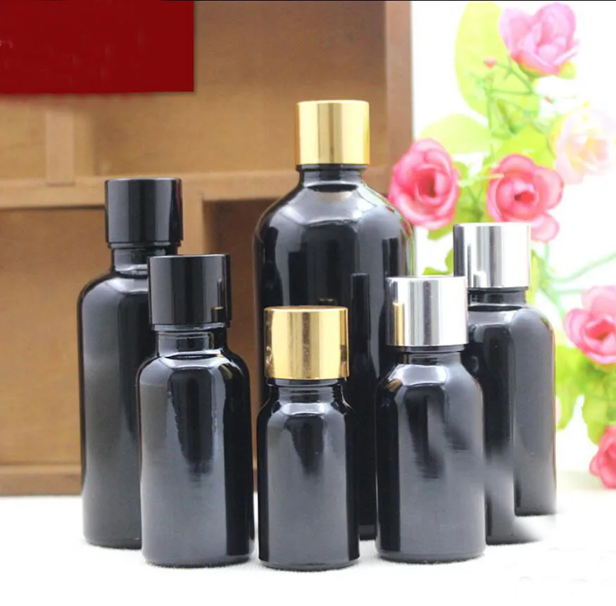 

5ml10ml15ml20ml30ml50ml100ml black glass bottle screw lid essential oil sample toner moisture lotion emulsion water skin packing