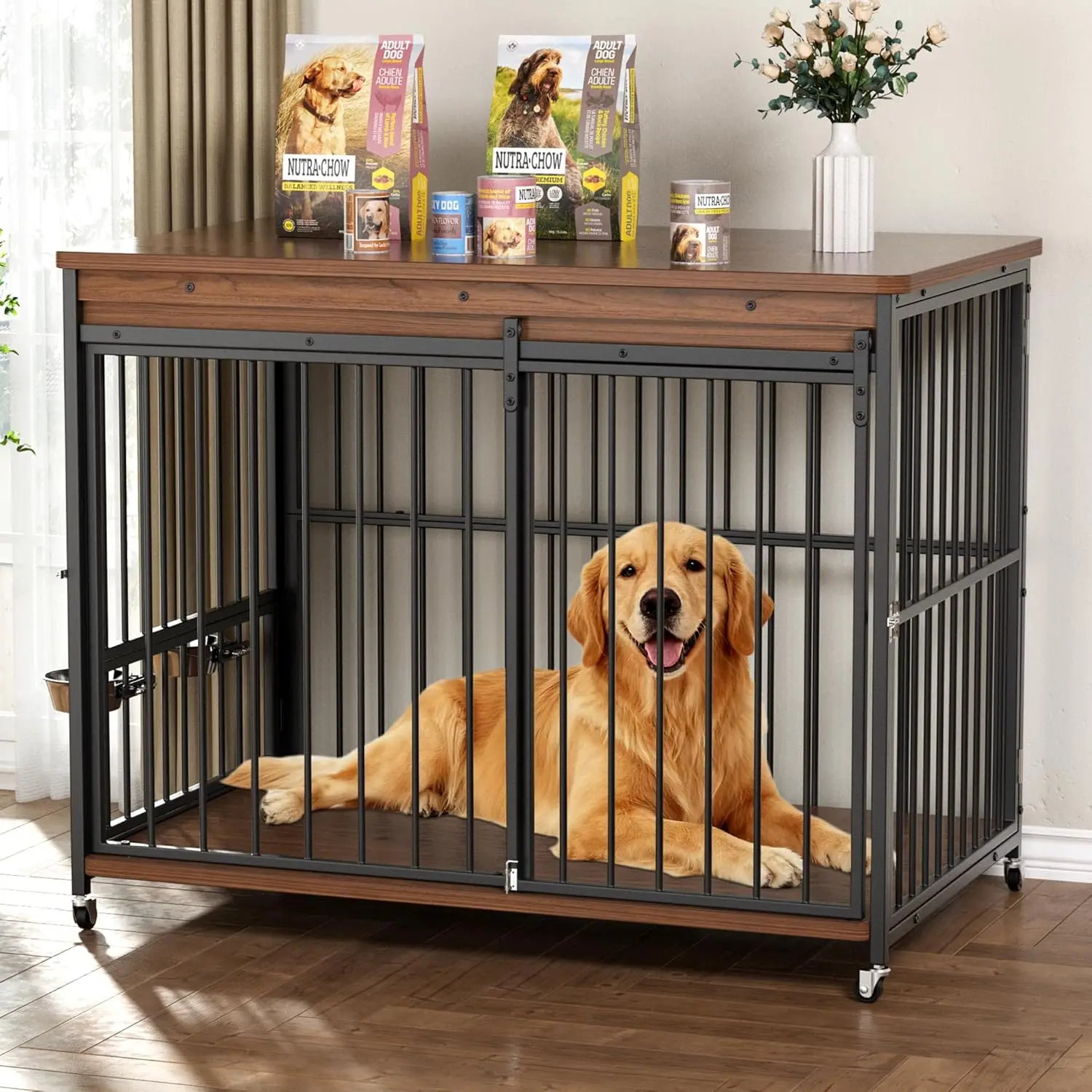 

Dog Crate Furniture, 47’’ Wooden Dog Kennel Indoor with Sliding Front Door, Multi-Side Openings
