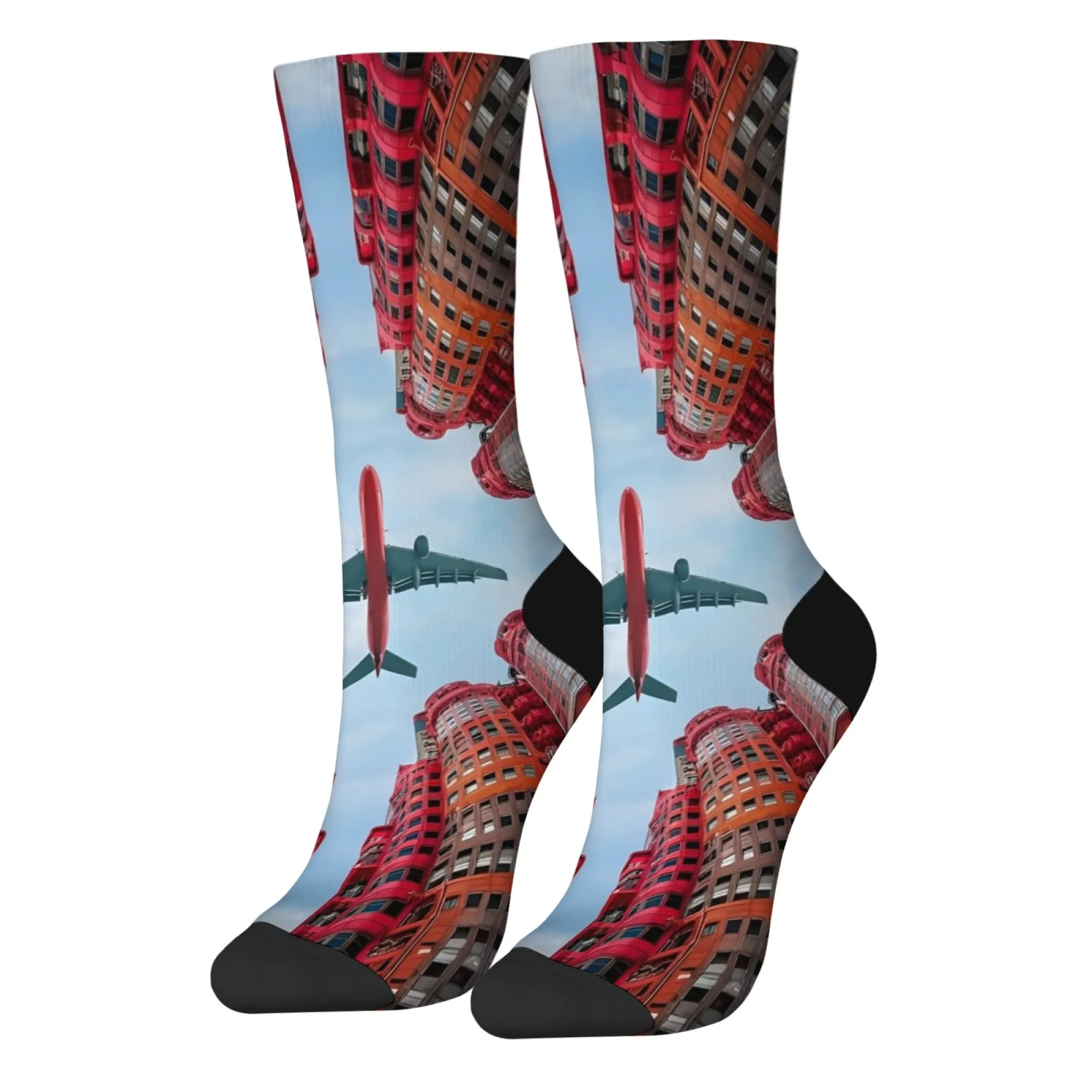 3D Visual Urban Building & Airplane Print Socks Men Women Fashion Streetwear Cool Socks Harajuku Style Artistic Socks Novelty