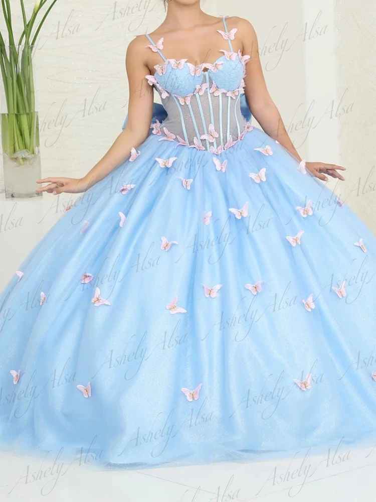 AAQ81 Maßgeschneiderte Ballkleider für besondere Anlässe, Spaghettiträger, Illusion, Schmetterling, Ballkleid, Geburtstagsparty-Kleid, Sweet 15/16 Quinceanera