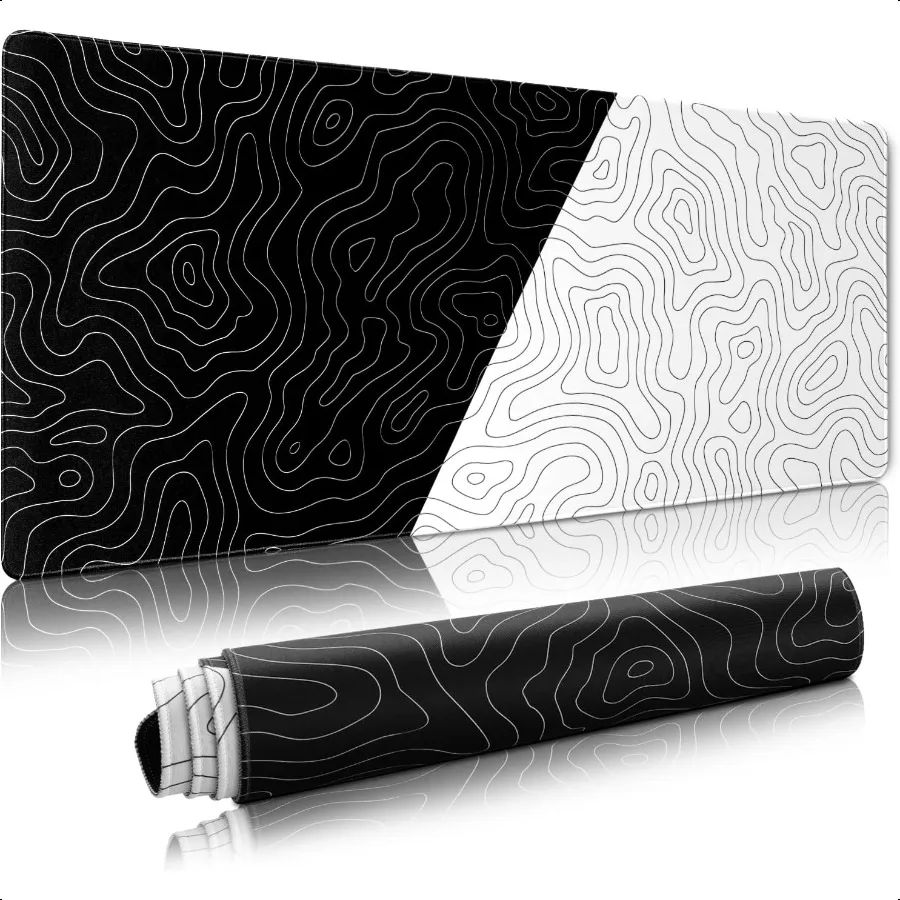 XVX Schwarz-Weiß-Topografisches Mauspad XXLarge Gaming-Mauspad für den Schreibtisch 35,4 x 15,7 Zoll, wasserdichte Schreibtischunterlage mit rutschfestem Gummi