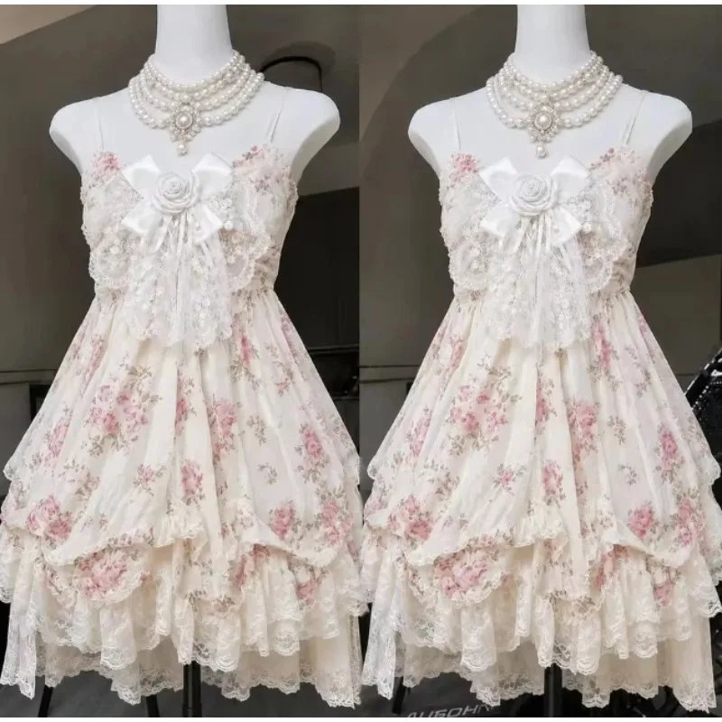 2026 French Vintage Sling Bandage Sweet Lace Bow Lolita Dress Y2k Harajuku Ruffle Mini Summer Office Beach Casual Wear Fashion
