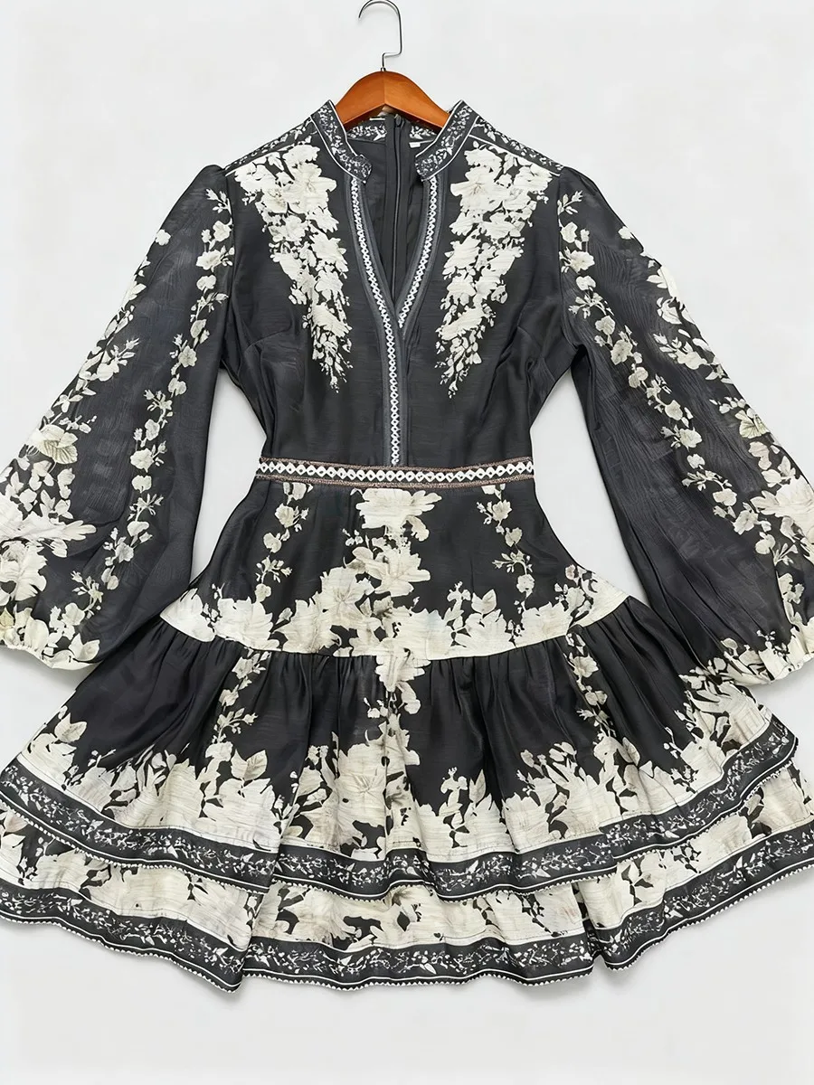 TWOTWINSTYLE, vestidos Vintage con estampado de colores para mujer, cuello en V, manga larga, cintura alta, Patchwork, volantes, pliegues, vestido femenino