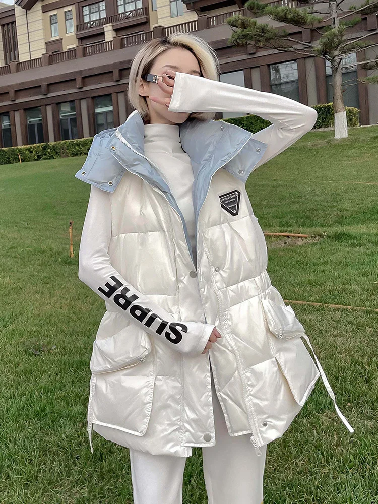 

Белый пуховый жилет Du, женская станция, новинка 202, верхняя одежда Dongdaemun средней длины Fem Sle, модный жилет на молнии