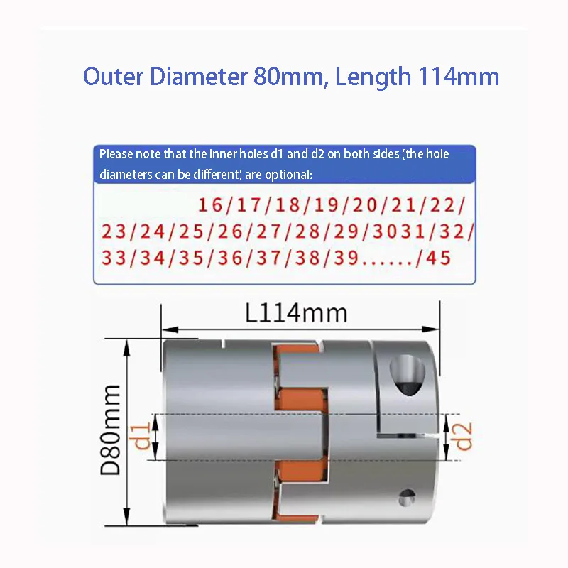 

High Quality D80L114 4 Jaw D80 Spider Plum Shaft Coupler Flexible Coupling Hole 14mm 15mm 16mm to 44mm 45mm CNC Motor Ballscrew