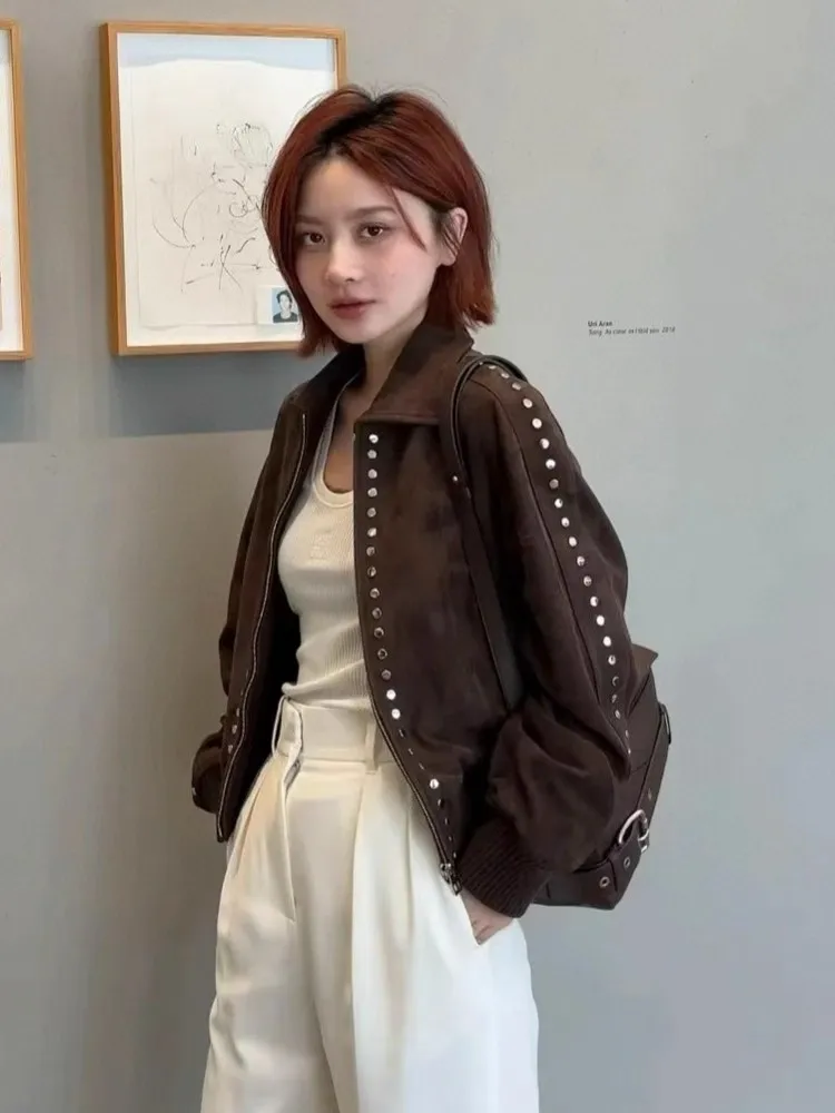 럭셔리 여성 가을 리얼 스웨이드 가죽 봄버 재킷 하이 스트리트 리벳 천연 가죽 코트 루즈핏 모터사이클 바이커 재킷