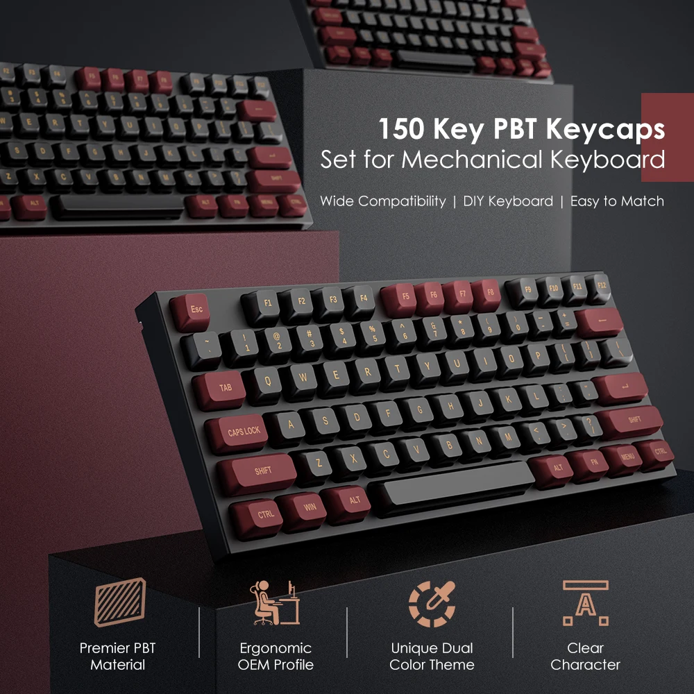 Black and Red PBT Keycaps,CSA Profile,150 Keycap Set Double Shot Keycaps,for Cherry Gateron MX Switches Mechanical Keyboard