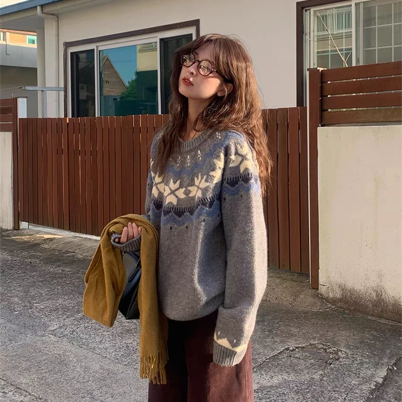 

Осенне-зимняя женская одежда, вязаный крючком свитер с длинными рукавами и круглым вырезом в стиле ретро, модный повседневный офисный трикотаж, джемпер