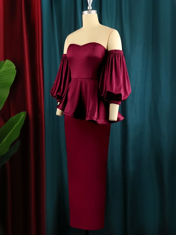 Satin Long Dresses Women Burgundy Backless Half Sleeve High Waist Trim Ruffels Ankle Length Evening Birthday Event Party Gowns