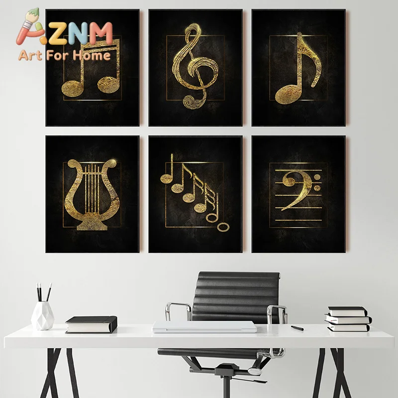 Black Golden Music Symbolic Canvas Painting Music Poster and Printing Nordic Wall Art Picture Living Room Home Decoration Mural