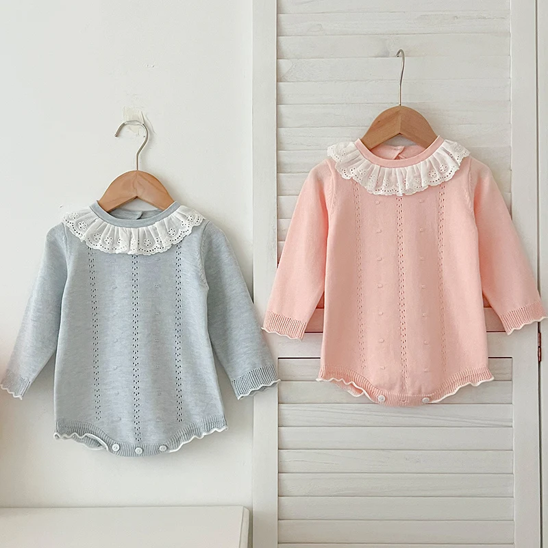 Infant Baby Girl Romper Knit Ruffle Newborn Hollow Out Long Sleeve Toddler Knit Jumpsuit Princess Lace Romper Spring Clothing