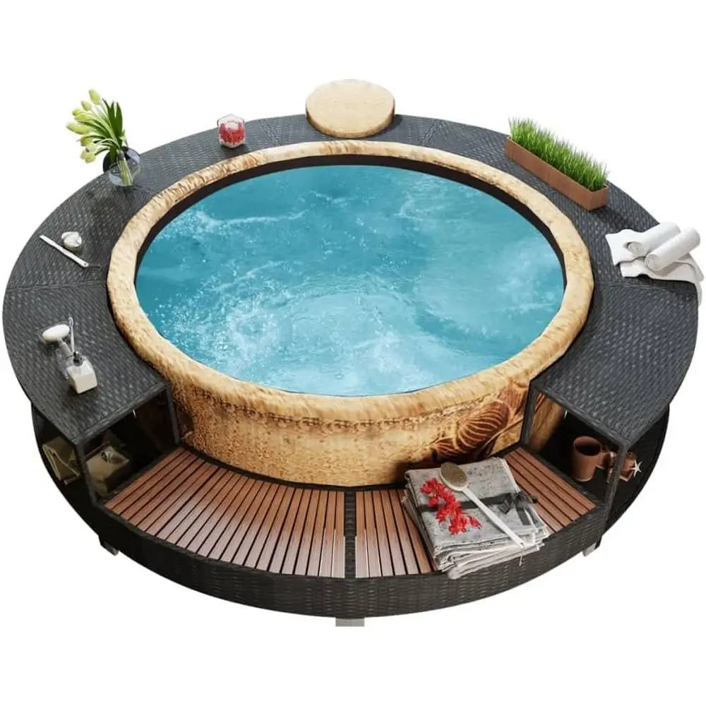 Schwarzer Outdoor-Spa-Umrandung mit Stufen aus Akazienholz, Stauraum und Massage-Whirlpool für den Gartenpoolbereich, 111,4 x 111,4 x 21,7