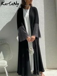 Dubai Luxury Kaftan Abaya With Diamonds Black Full Length Muslim Abaya Elegant Female Loose Solid Color Evening Robe For Women