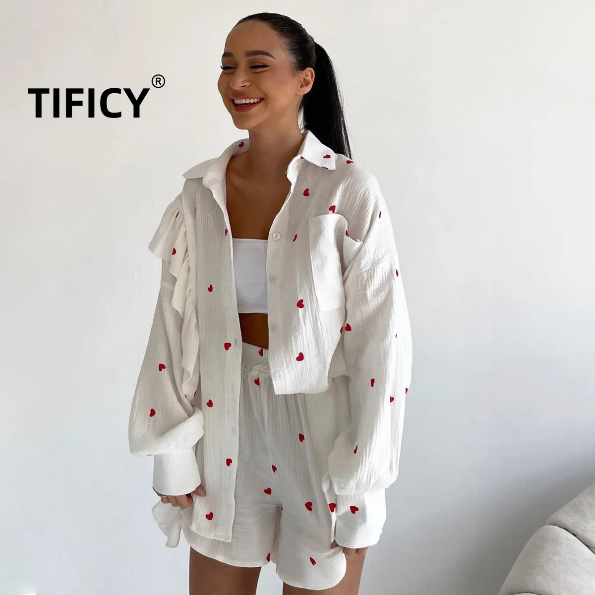 Shorts Set Heart-shaped Women's Printing and Patchwork Wooden Ear Edge Long Sleeved Shirt+shorts Set with Pure Cotton Set