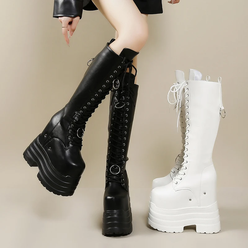 Autumn Gdgydh Large Size 42 Thick Platform Extreme High Heels Cool Motorcycles Boots Punk Style Shoelaces Knee High Boots Winter