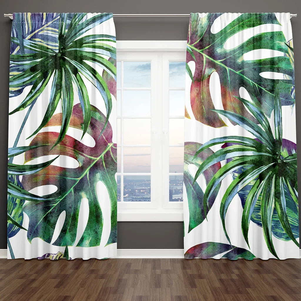 ModernTransparent Drapes of Rainforest Green Leaves Shading Bedroom Winodw Curtains Set for Living Room 2 Pieces Free Shiping