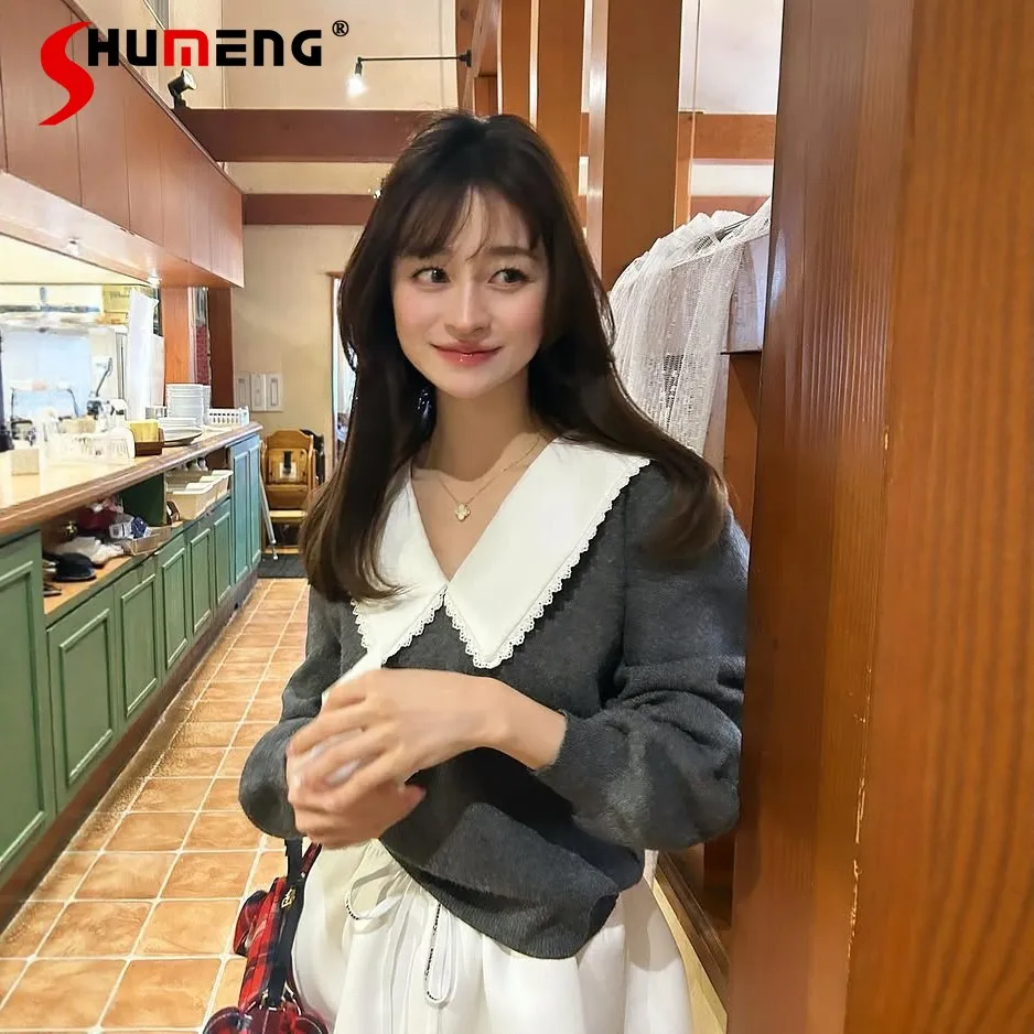 

New Spring 2026 Japanese Style Sweet Sweater Women's Sweet Detachable Collar Knit Pullover Lady Daily Fashion Loose Knit Tops