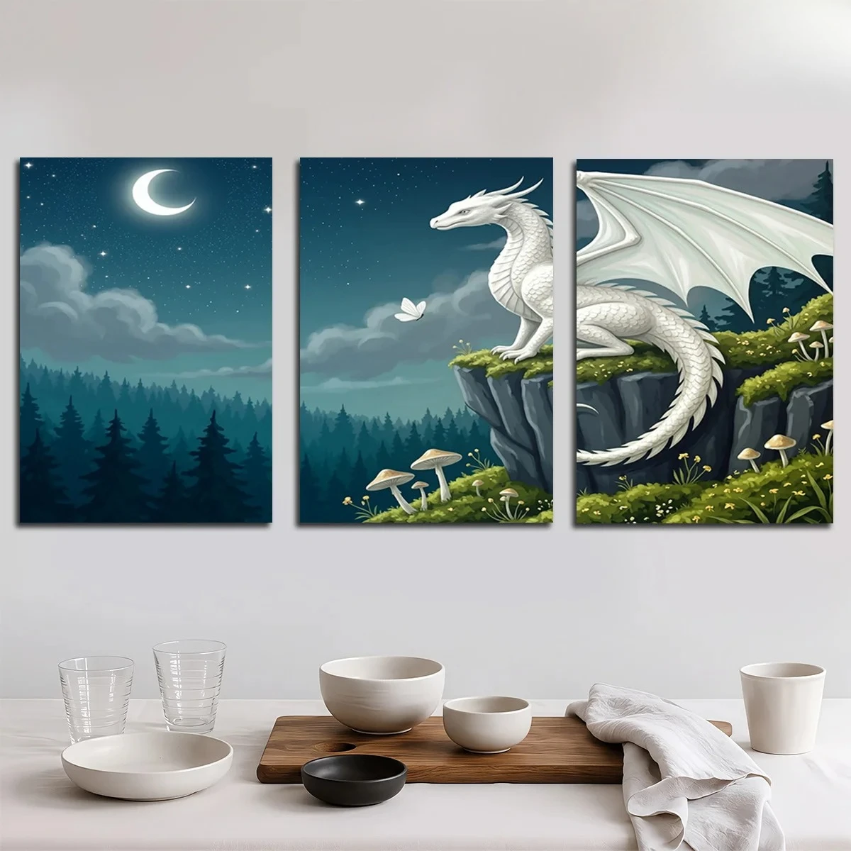 Frameless 3PCS 2D Decorative Painting - Canvas Painting - A White Dragon Sits On A Cliff Under A Crescent Moon With Stars And