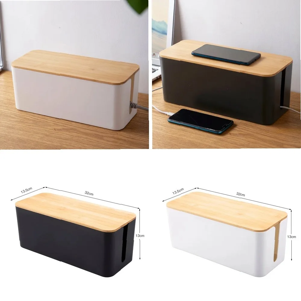 

1 PC Wire Storage Box with Bamboo Top - Power Strip Cord Organizer, Socket Data Cable Junction Box for Desk