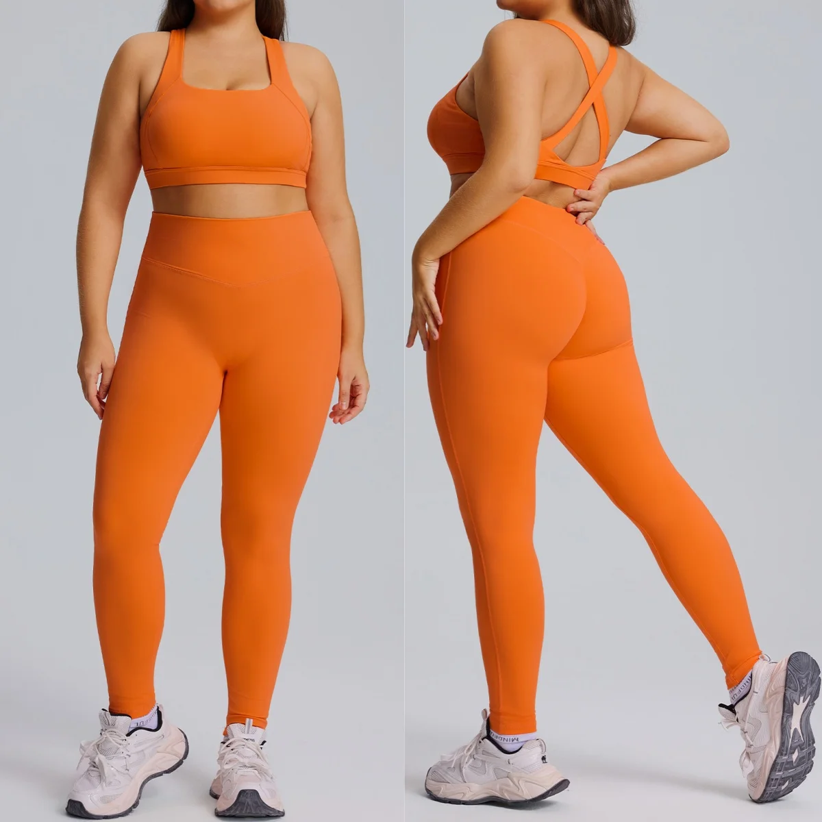 Women Plus Size Yoga Outfit 2-Piece Square Neck Cross Back Sports Bra with High Waist Tummy Control Leggings Gym Activewear Set