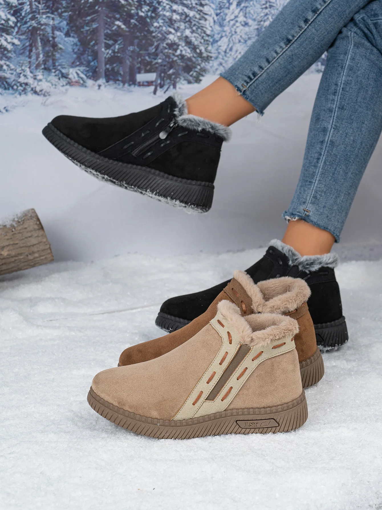 Damen-Winterstiefel Braun Damen-Knöchelstiefel mit seitlichem Reißverschluss, warm gefüttert mit Fleece, rutschfeste flache Schneestiefel für den täglichen Outdoor-Gebrauch. – Detail 1