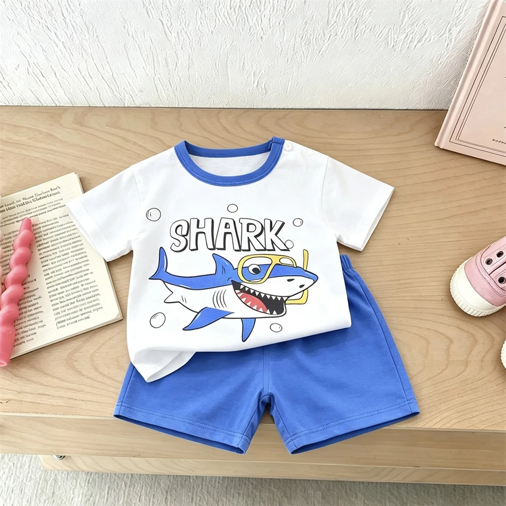 Child New Fashion Costume Cartoon Printed TShirt+Shorts 2pcs Loose Casual Clothing Crewneck Tshirt Loose Shorts Baby Tracksuits