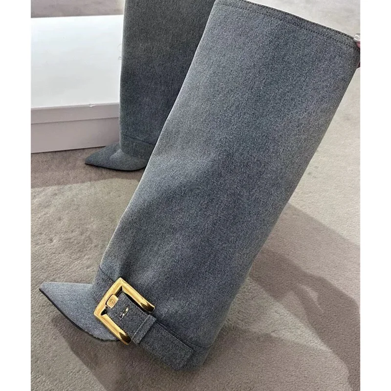 

Women's Blue Denim Shark Boots Metal Buckled Knee High Boots Leopard Print Leather Black High Heels Designer Soft Sexy Shoes