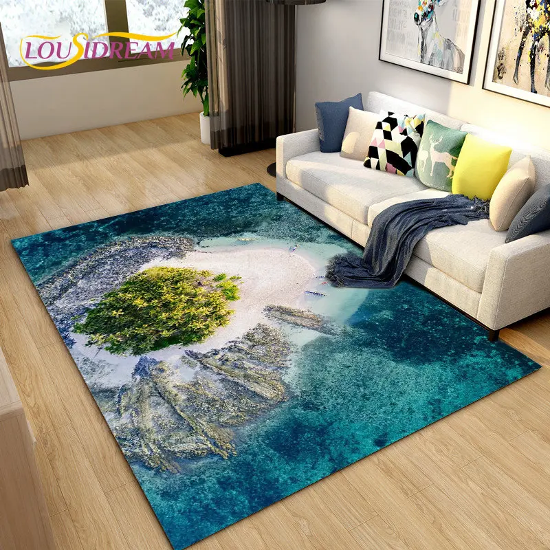 3D 바다 해수 해변 수중 풍경 공간 러그, 거실 침실 소파 도어매트 장식 카펫 러그, 어린이 미끄럼 방지 바닥 매트