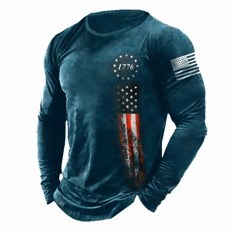 American Flag Pattern Men T Shirt Casual Long Sleeve T-shirt Funny 3D Print Tees Spring Autumn Male Clothing Fashion Cotton Tops