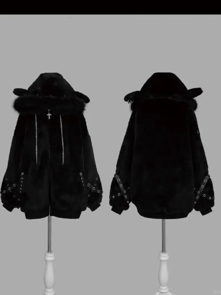 Autumn Winter Japanese Oversized Warm Soft White Faux Fur Coat Women with Hood Harajuku Vintage Y2K Fluffy Jacket Streetwear