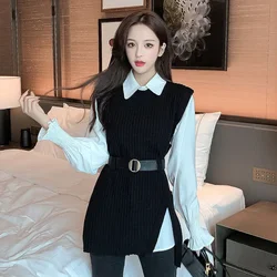 2Pcs Set Office Lady Outfits Korean Fashion Women College Winter Autumn Knitted Sweaters Vest + White Blouse Casual Belt Suit