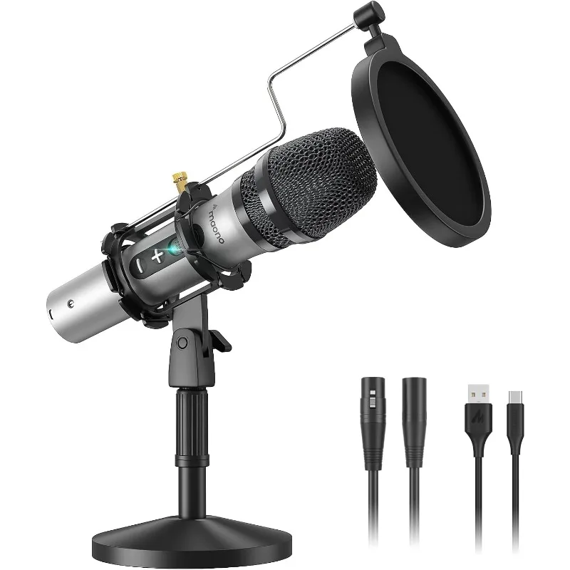 Podcast dynamic microphone, studio microphone kit with volume control, shock mount,