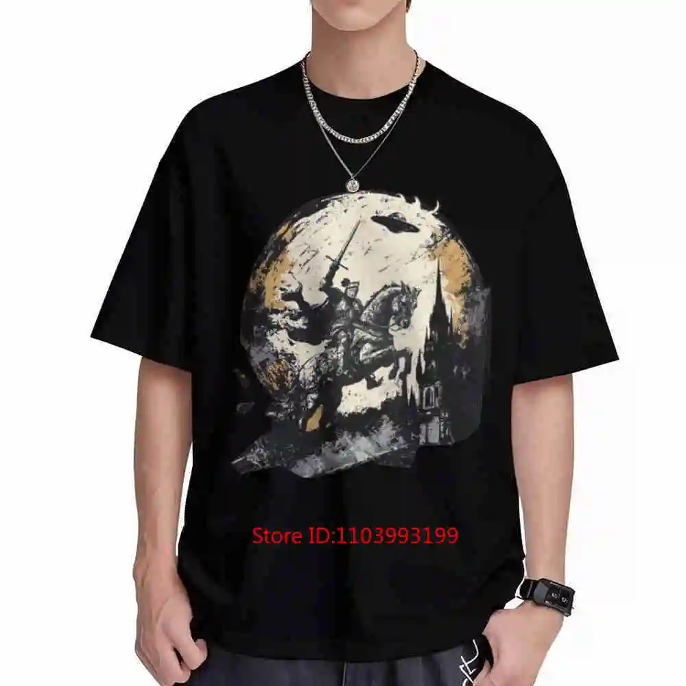 Medieval Knight UFO Vintage Alien Invasion Retro Gothic Fantasy Sci Fi Short Sleeve Tee 100% Cotton T-Shirt