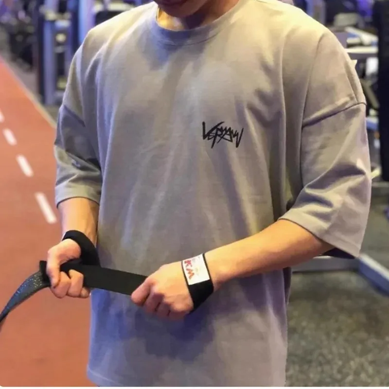 NEW Round Collar sports T Shirt Oversize Cotton Summer Tee Training running shirt Man Streetwear Half Sleeve men T-shirt image 5