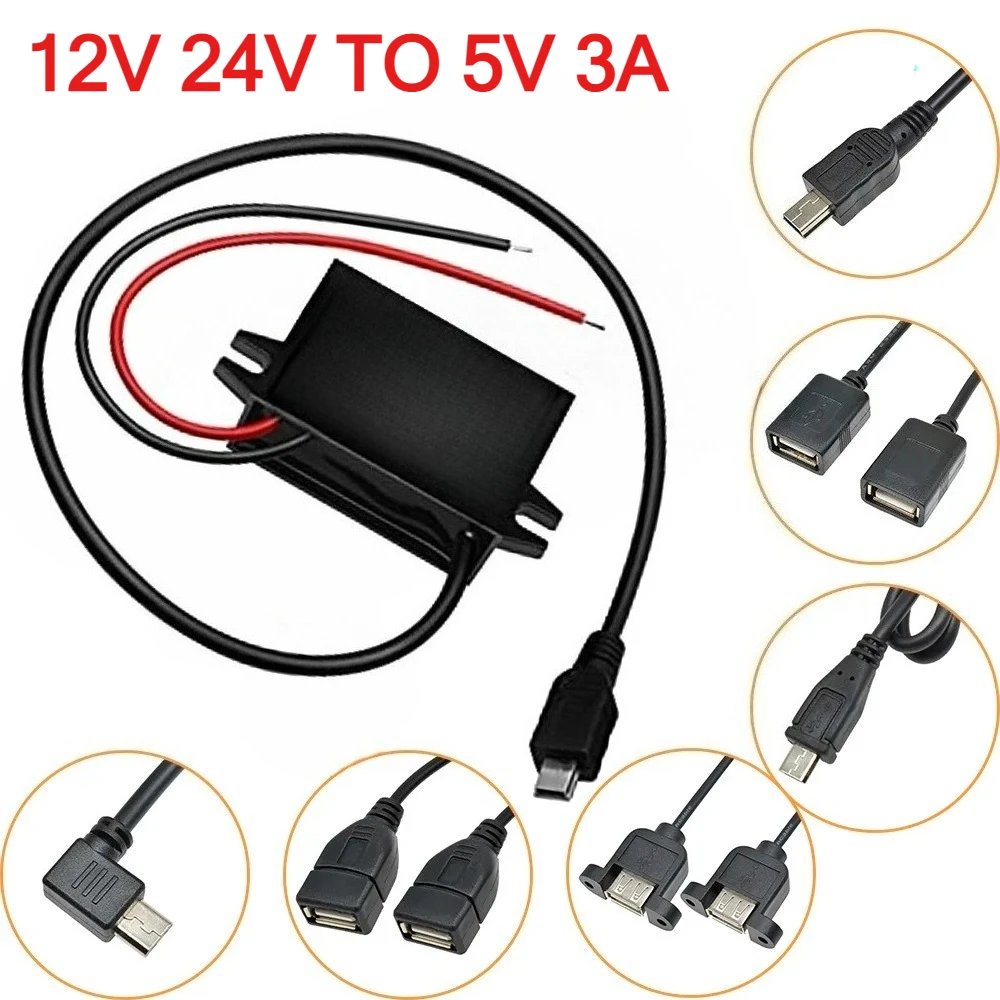 

DC-DC Step Down Buck Converter Power Supply Module 12V 24V to 5V 3A 15W for Car Dual Female USB Mini USB Micro USB Type CAdapter