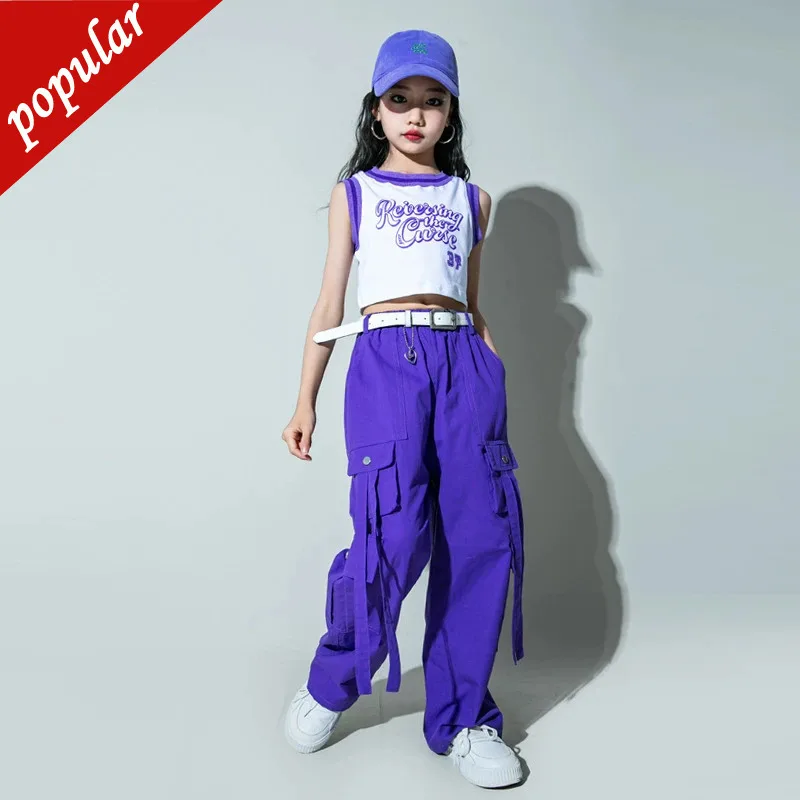 

Hip Hop Girls Crop Tank Top Purple Cargo Pants Child Solid Joggers Streetwear Clothes Sets Kids Lovely Street Dance Jazz Costume
