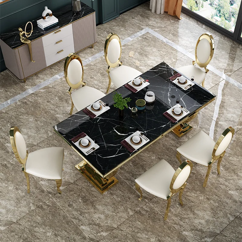 Rectangular dining table, small apartment, rear marble, 6-person stainless steel dining table and chair combination