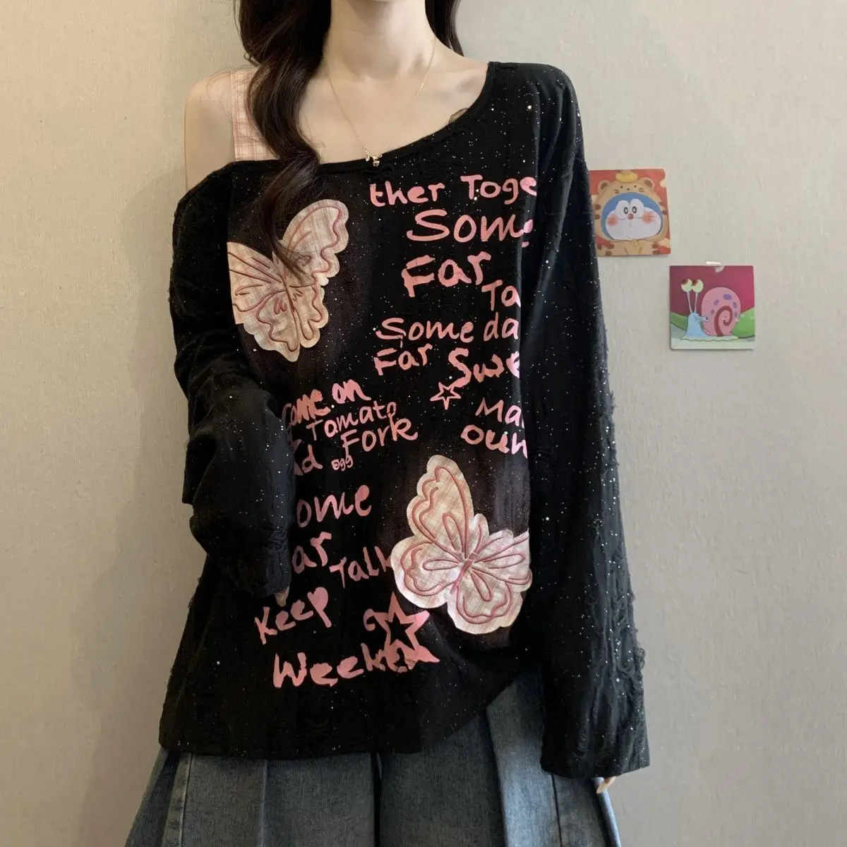 Large Size American Butterfly Slanted Shoulder Long Sleeved T-Shirt for Women, Autumn New Style, Loose Drawstring Top for Women